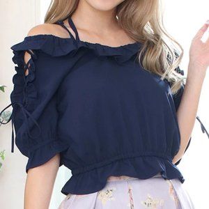 LIZ LISA Off Shoulder Lace Up Ribbon Navy Top